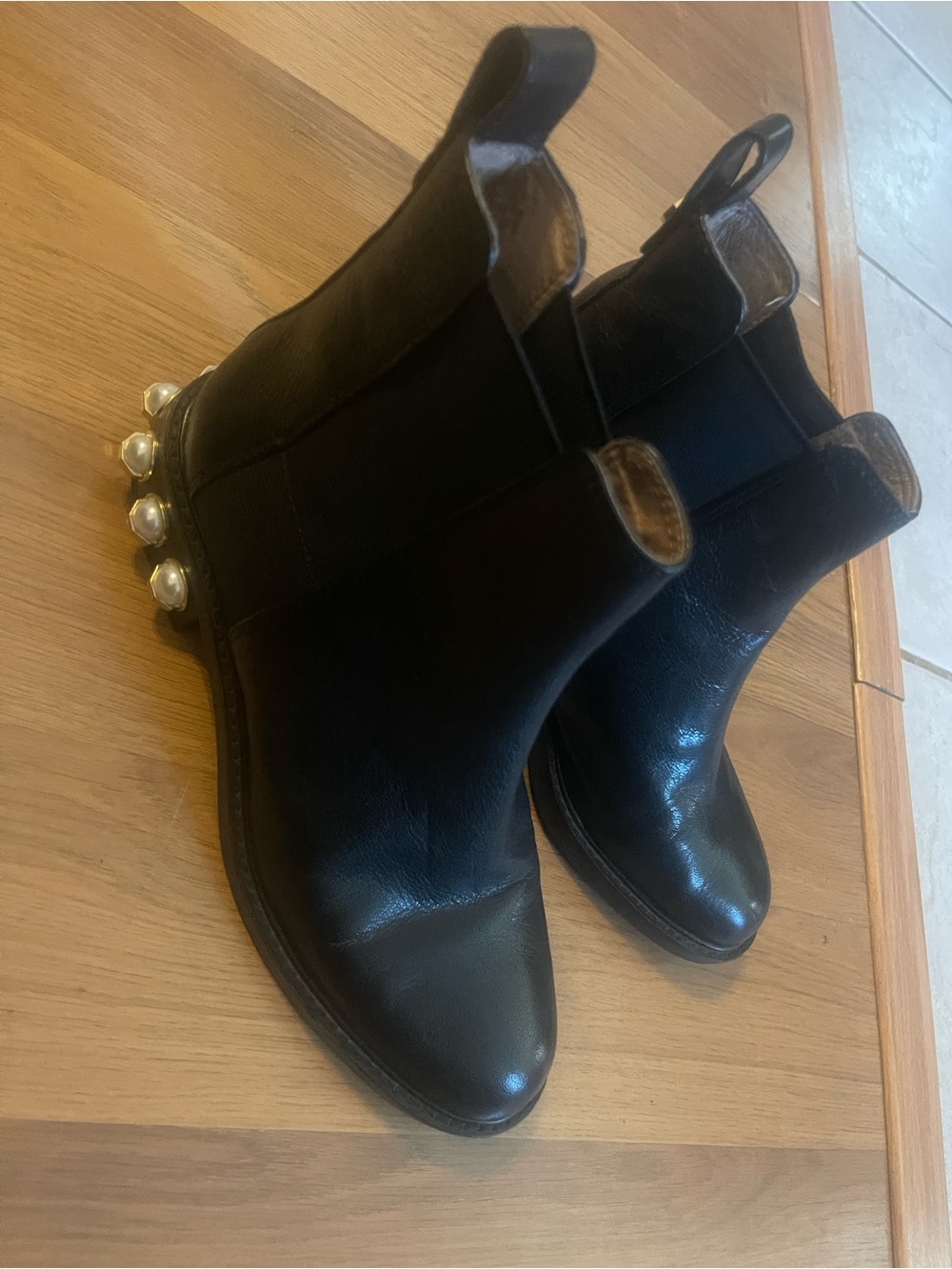 Louise et Cie Black Leather Chelsea Boots with Pearl Heel Detail